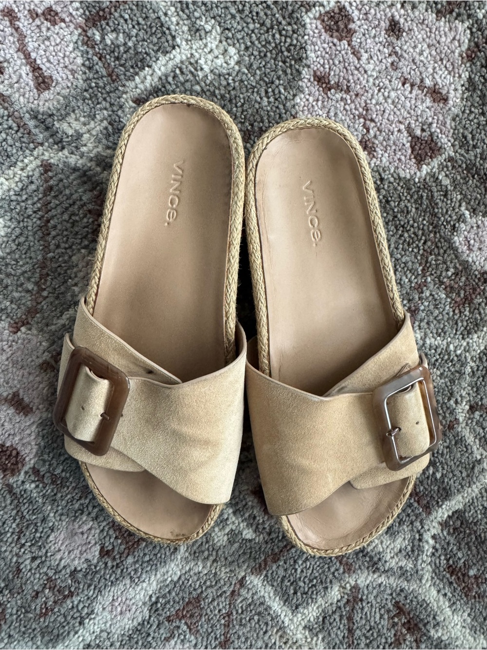 Vince Tan Suede Buckle Slide Sandals